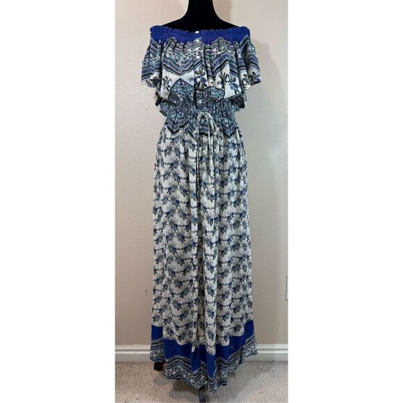 Patrons of Peace Mixed Prints Boho Off The Shoulders Flutter Sleeves Maxi Dress - Picture 1 of 11